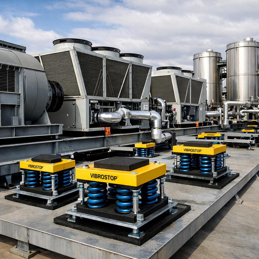 Vibration isolation mounting for industrial rooftop cooling equipment