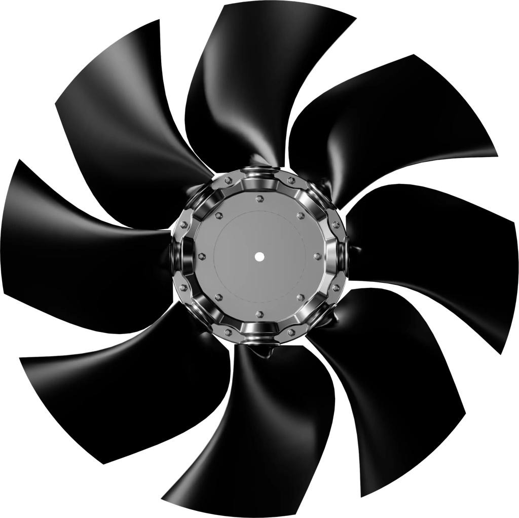 Axial fan blade design affecting dry cooler airflow and noise performance